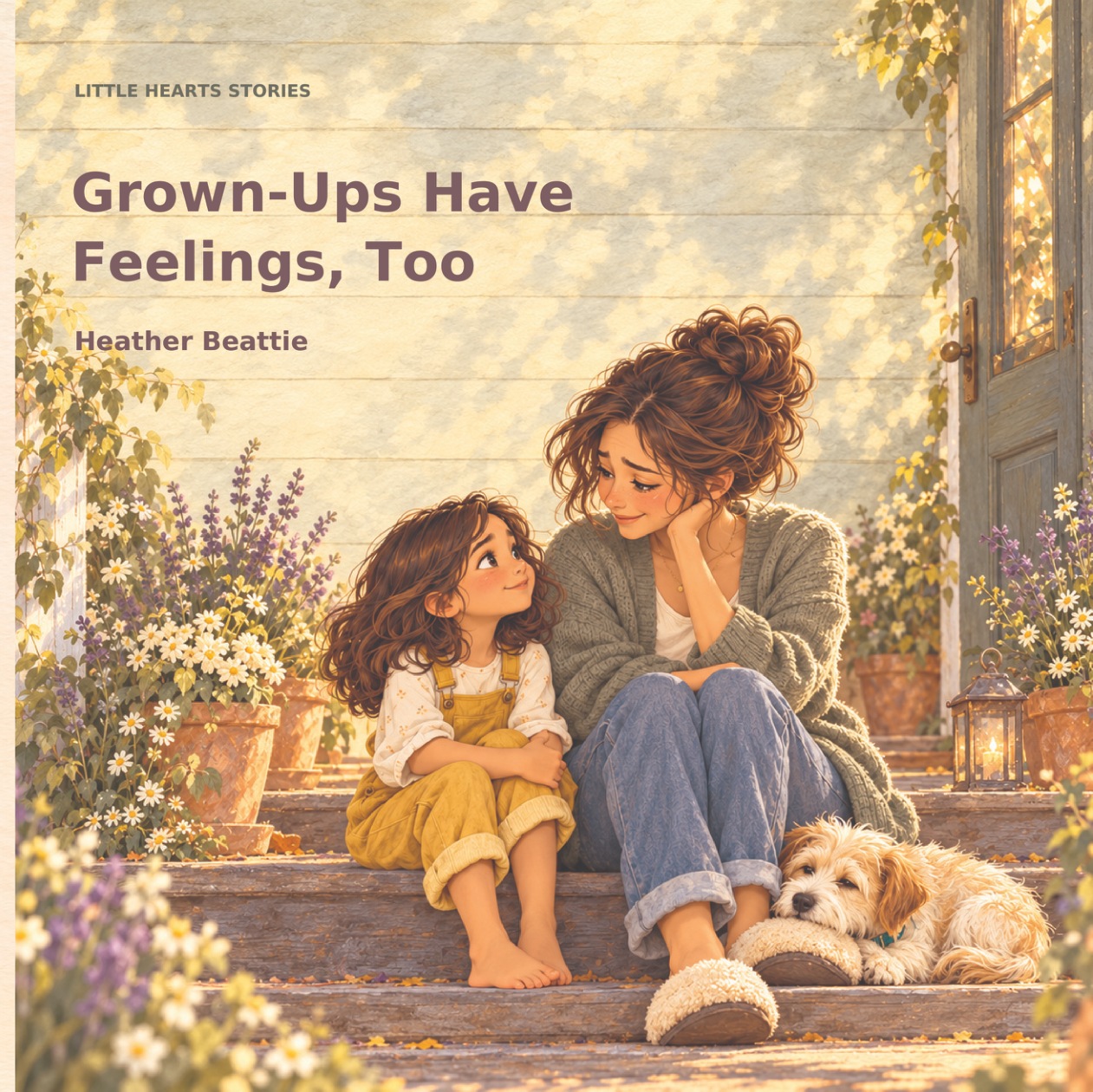 Grown-Ups Have Feelings, Too by Heather Beattie: Nora and her mother sitting with their dog on sunlit steps